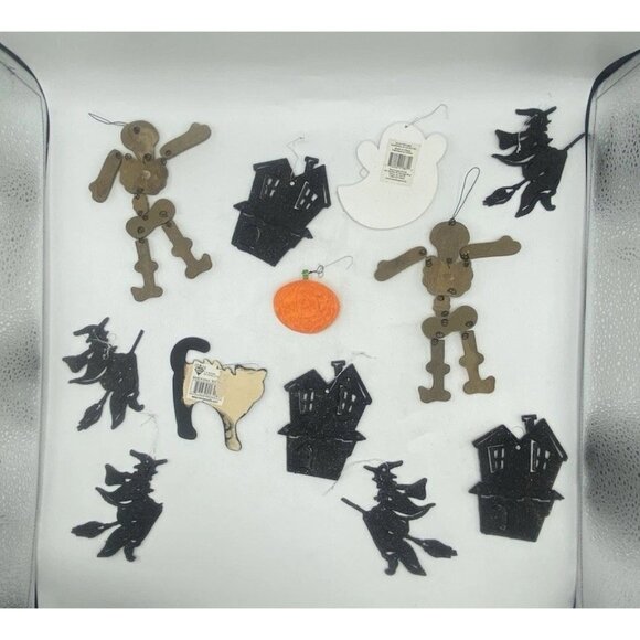 Halloween Tree Ornament Lot of 12 Witch Pumpkin Cat Skeleton Haunted House Decor - Picture 2 of 11